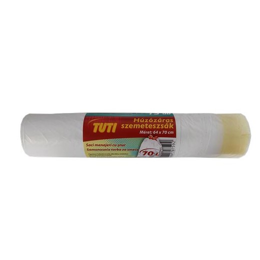 Vrecia na odpadky, zaťahovacie, 70 l, 15 ks, 64x70 cm, 14 µ, TUTI, biela