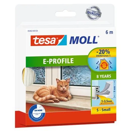 Samolepiaca tesnenie s profilom E, 9 mm x 6 m, TESA "tesamoll® E profil", biela