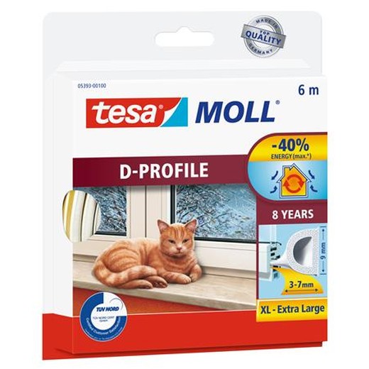 Samolepiace tesnenie s profilom D, 9 mm x 6 m, TESA "tesamoll®, biela