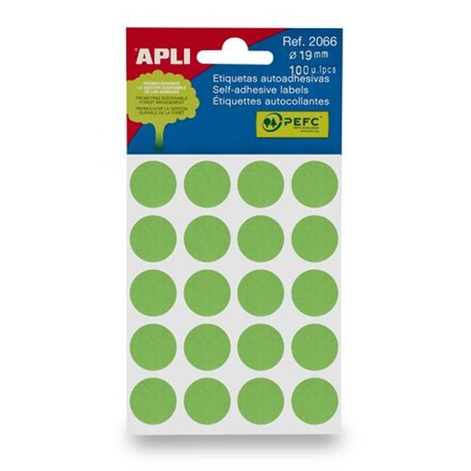 Etikety, okrúhle, priemer:19 mm, ručne popisovateľné, farebné, APLI, zelené, 100 etikiet/bal