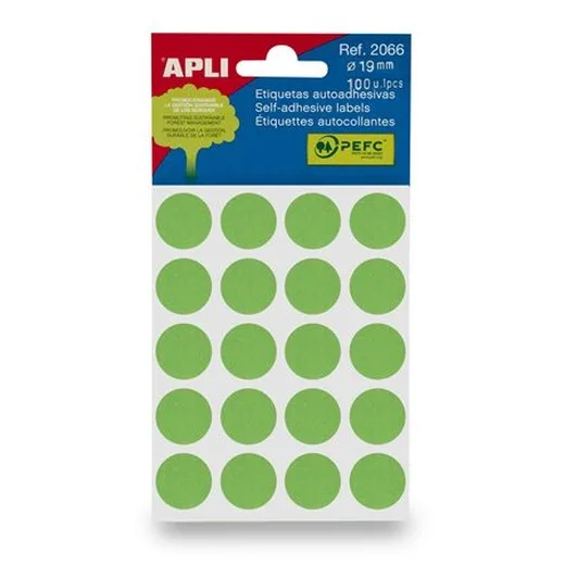 Etikety, okrúhle, priemer:19 mm, ručne popisovateľné, farebné, APLI, zelené, 100 etikiet/bal