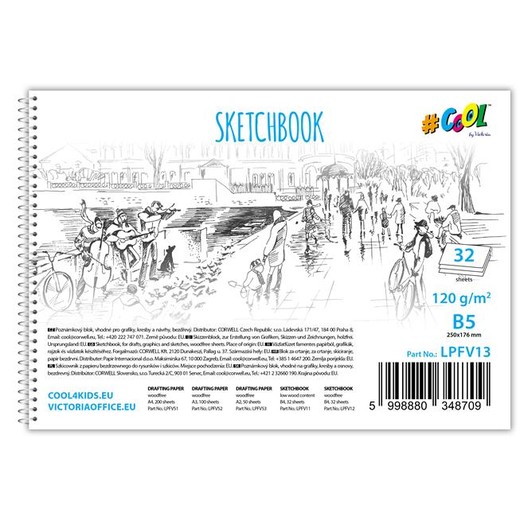 Náčrtník, bezdrevný, 32 listový, bezdrevný, B5, špirálový, 120 g, COOL BY VICTORIA