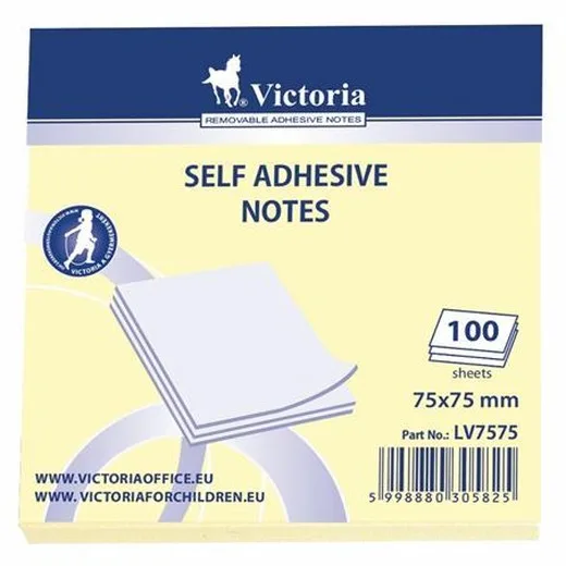 Samolepiaci bloček, 75x75, 100 listov, VICTORIA OFFICE, žltý