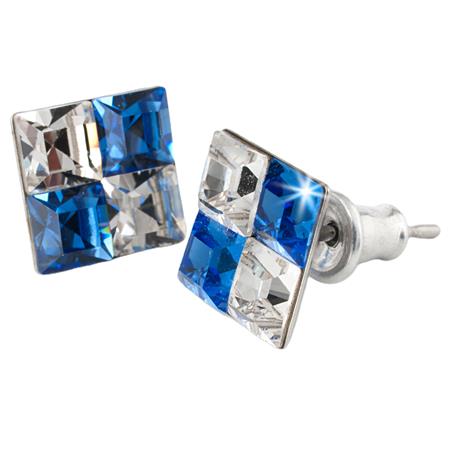 Náušnice, štvorcové, s modrým a bielym krištáľom SWAROVSKI®, 8 mm, ART CRYSTELLA®