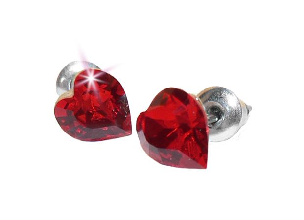 Náušnice, v tvare srdiečka, s light siam červeným krištáľom SWAROVSKI®, 8 mm,  ART CRYSTELLA®