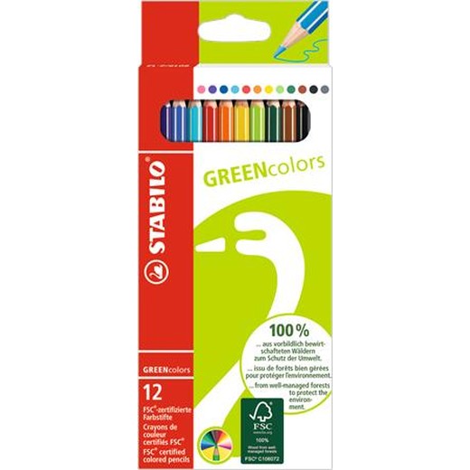 Farebné ceruzky, sada, šesťhranné, STABILO "GreenColors", 12 rôznych farieb