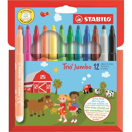 Fixky, sada, 3 mm, STABILO "Trio Jumbo", 12 rôznych farieb