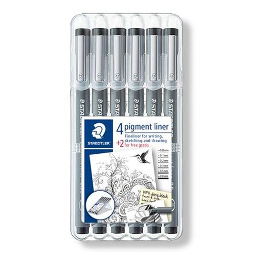 Liner, sada, STAEDTLER "Pigment Liner 308", 4+2 ks, čierna
