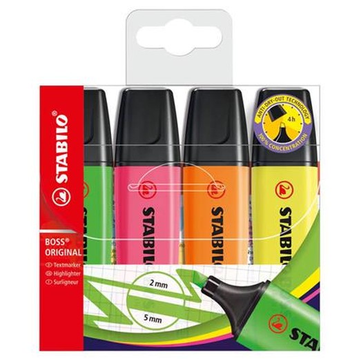 Zvýrazňovač, sada, 2-5 mm, STABILO "BOSS original", 4 rôzne farby