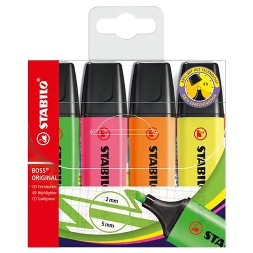 Zvýrazňovač, sada, 2-5 mm, STABILO "BOSS original", 4 rôzne farby