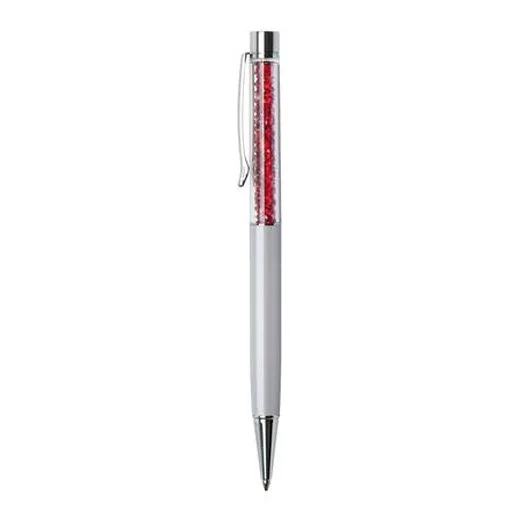 Guľôčkové pero, krémovo-biela, vrch siam červená, plnené SWAROVSKI® krištáľmi, 14 cm, ART CRYSTELLA®