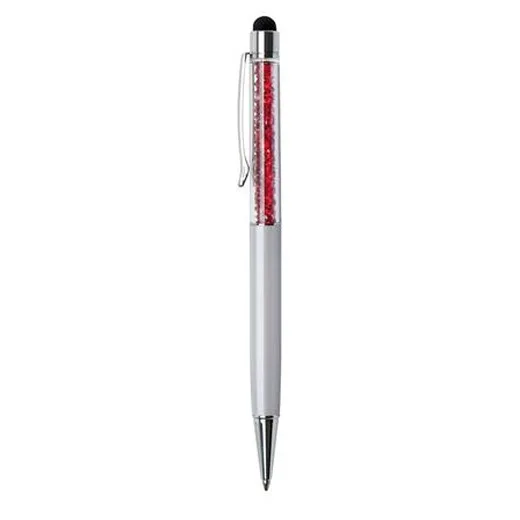 Guľôčkové pero, krémovo-biela, vrch siam červená, plnené SWAROVSKI® krištáľmi, TOUCH, 14 cm, ART CRYSTELLA®