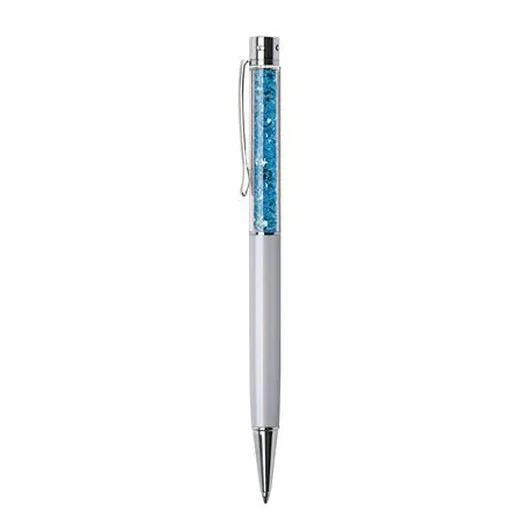 Guľôčkové pero, krémovo-biela, vrch aqua modrá, plnené SWAROVSKI® krištáľmi, 14 cm, ART CRYSTELLA®