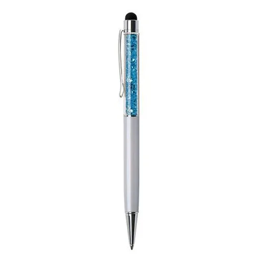 Guľôčkové pero, krémovo-biela, vrch aqua modrá, plnené SWAROVSKI® krištáľmi, TOUCH, 14 cm, ART CRYSTELLA®