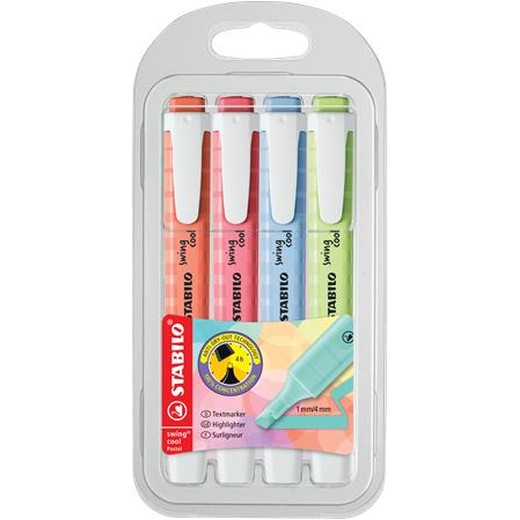 Zvýrazňovač, sada, 1-4 mm, STABILO "Swing Cool Pastel" 4 rôzne farby