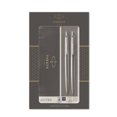 Guľôčkové pero a mikroceruzka, set, v darčekovej krabičke, nerezové telo, PARKER "Royal Jotter", modrá