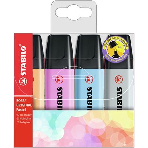 Zvýrazňovač, sada, 2-5 mm, STABILO "BOSS original Pastel", 4 rôzne farby