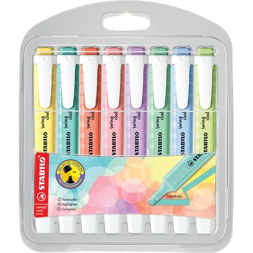 Zvýrazňovač, sada, 1-4 mm, STABILO "Swing Cool Pastel", 8 rôznych farieb