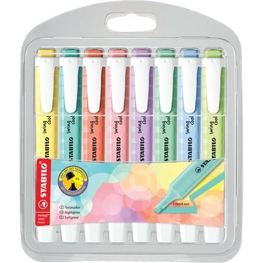 Zvýrazňovač, sada, 1-4 mm, STABILO "Swing Cool Pastel", 8 rôznych farieb