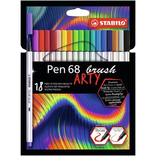Fixky, sada, STABILO "Pen 68 brush ARTY", 18 rôznych farieb