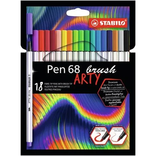 Fixky, sada, STABILO "Pen 68 brush ARTY", 18 rôznych farieb