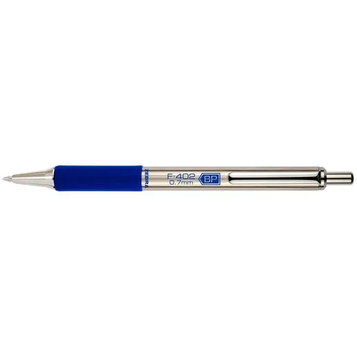 Guľôčkové pero, 0,24 mm, stláčací mechanizmus, nehrdzavejúca oceľ, modré telo, ZEBRA "F402", modrá