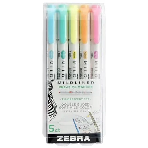 Zvýrazňovač, sada, 1,0/3,5 mm, obojstranný, ZEBRA "Mildliner Fluorescent", 5 farieb