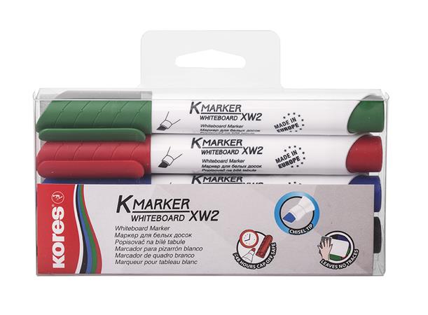 Popisovač na biele a flipchartové tabule, sada, 3-5 mm, zrezaný hrot, KORES "K-Marker XW2", 4 rôznych farieb