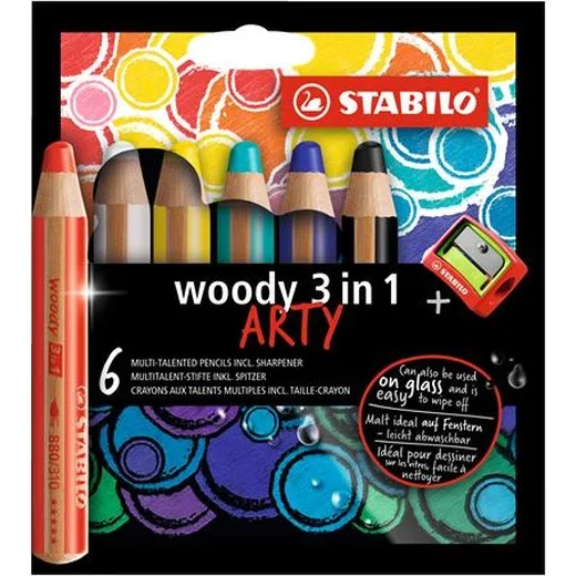 Farebná ceruzka, hrubá, STABILO "Woody ARTY 3 in 1", 6 rôznych farieb
