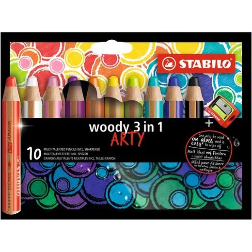 Farbička, hrubá, STABILO "Woody ARTY 3 in 1", 10 rôznych farieb