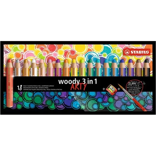 Farebná ceruzka, hrubá, STABILO "Woody ARTY 3 in 1", 18 rôznych farieb