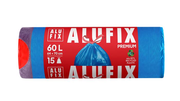 Vrecia na odpadky, zaťahovacie, 60 l, 15 ks, 64x71 cm, 26 µ, ALUFIX, modrá