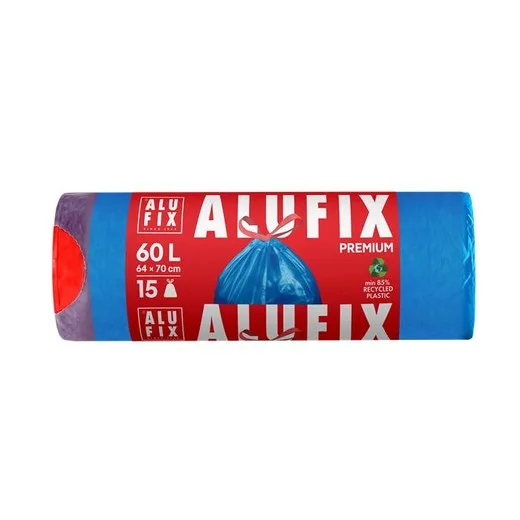 Vrecia na odpadky, zaťahovacie, 60 l, 15 ks, 64x71 cm, 26 µ, ALUFIX, modrá