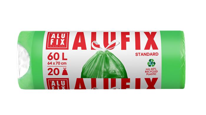 Vrecia na odpadky, zaťahovacie, 60 l, 20 ks, 64x71 cm, 16 µ, ALUFIX, zelená