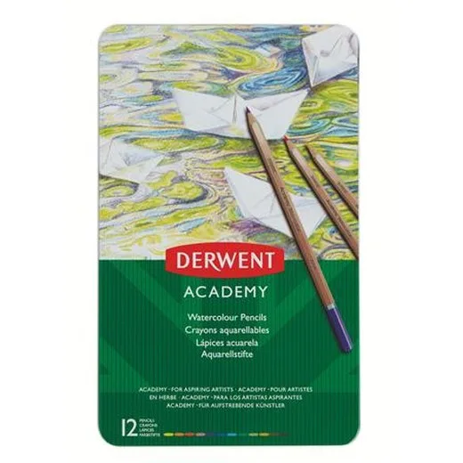 Akvarelové ceruzky, sada, v plechovej krabičke, DERWENT "Academy", 12 rôznych farieb