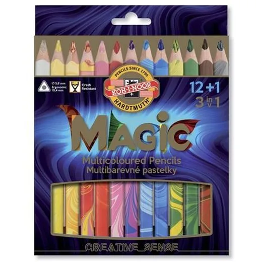 Viacfarebná ceruzka, sada, trojhranná, KOH-I-NOOR "Magic 3408", 12+1 rôznych farieb