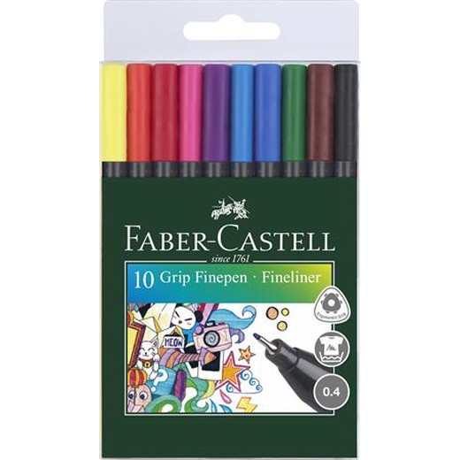 Linery, sada, 0,4 mm, FABER-CASTELL "Grip", 10 rôznych farieb