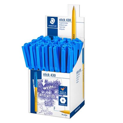 Guľôčkové pero, 0,3 mm, s vrchnákom, STAEDTLER "Stick 430 F", modré