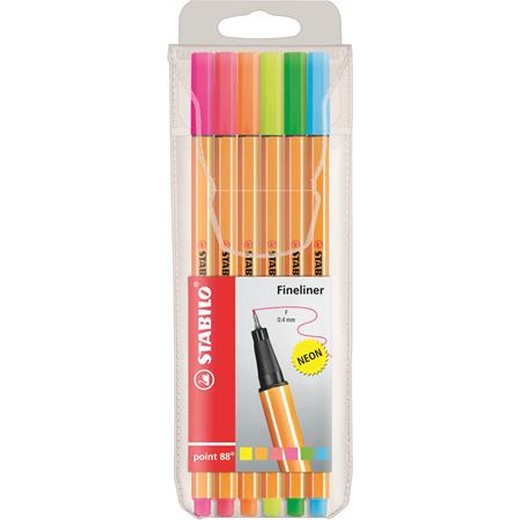 Liner, sada, 0,4 mm, STABILO "Point 88", 6 neónových farieb