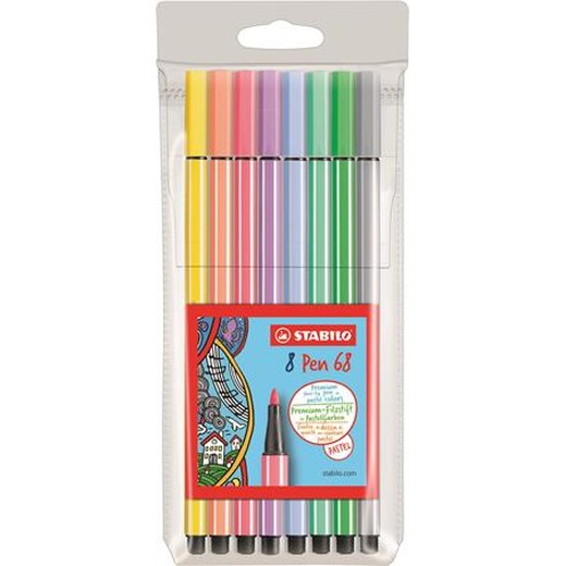 Popisovač, sada,1 mm, STABILO "Pen 68", 8 pastelových farieb