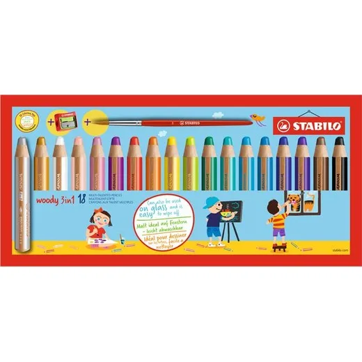 Farebné ceruzky, okrúhle, hrubé, STABILO "Woody 3 in 1", 18 rôznych farieb