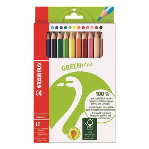 Farebné ceruzky, sada, trojhranný tvar, hrubé, STABILO "GreenTrio", 12 rôznych farieb