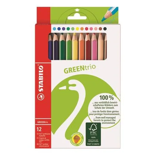 Farebné ceruzky, sada, trojhranný tvar, hrubé, STABILO "GreenTrio", 12 rôznych farieb
