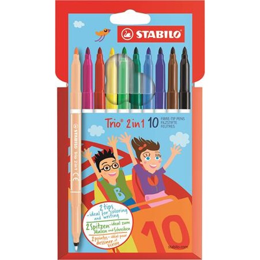 Fixky, 0,5-2 mm, obojstranné, STABILO "Trio 2 in 1", 10 rôznych farieb