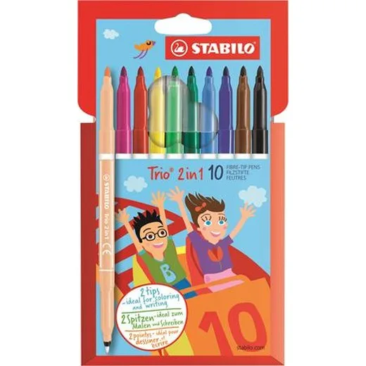Fixky, 0,5-2 mm, obojstranné, STABILO "Trio 2 in 1", 10 rôznych farieb