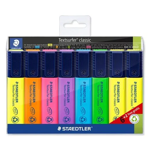Zvýrazňovač, sada, 1-5 mm, STAEDTLER "Textsurfer Classic 364", 6+2  rôznych farieb