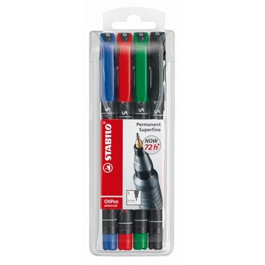 Permanentný popisovač, sada, 0,4 mm, STABILO "OHPen S", 4 rôzne farby