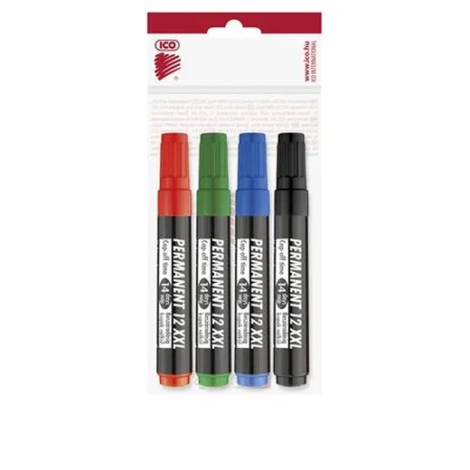 Permanentný popisovač, sada, 1-4 mm, zrezaný hrot, ICO "Permanent 12 XXL", 4 rôzne farby