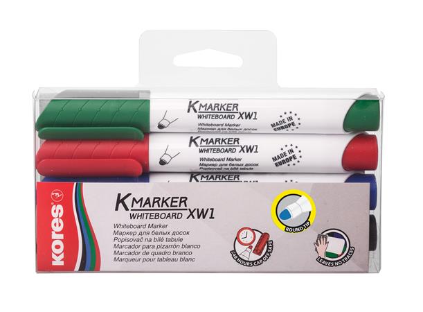 Popisovač na biele a flipchartové tabule, sada, 3 mm, kužeľový KORES "K-Marker XW1", 4 rôzne farby