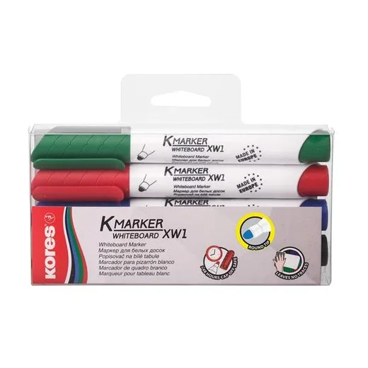 Popisovač na biele a flipchartové tabule, sada, 3 mm, kužeľový KORES "K-Marker XW1", 4 rôzne farby
